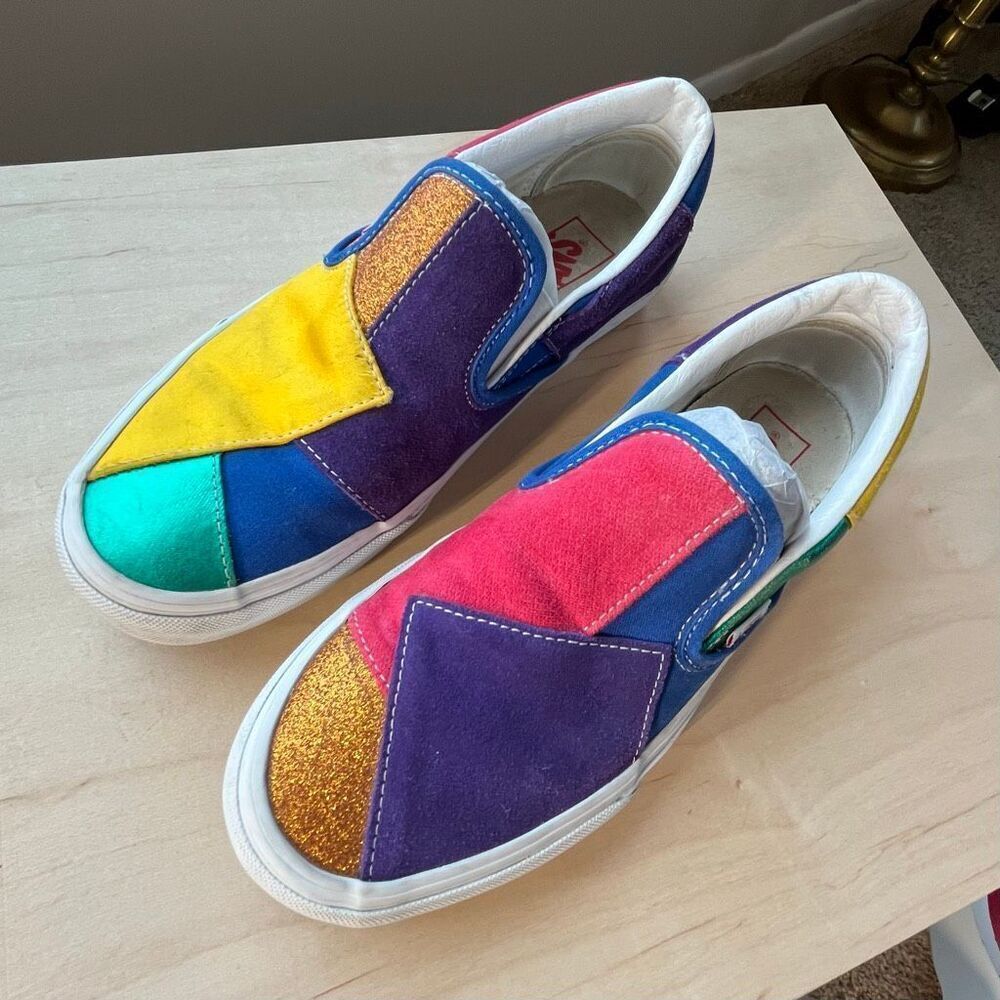 Vans Pride Patchwork Slip-On Sneakers Suede Glitter Velvet Sz 9
